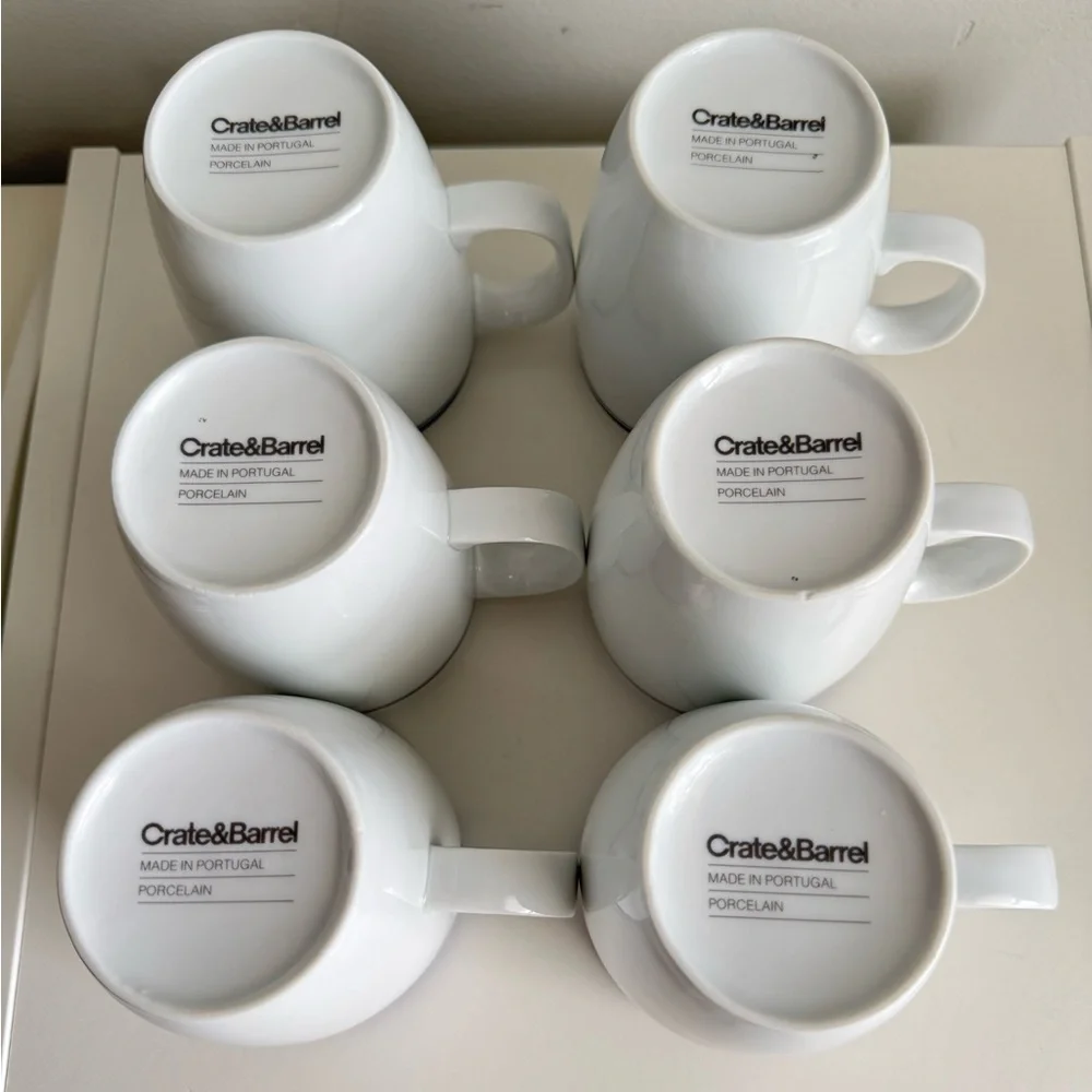 6 Brasserie by Crate & Barrel Porcelain Mugs White, Dark Blue Band, Pinstripe